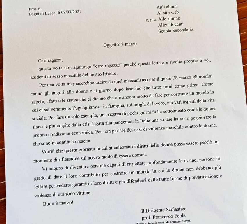 8 marzo lettera del preside dell'istituto comprensivo di Bagni di Lucca