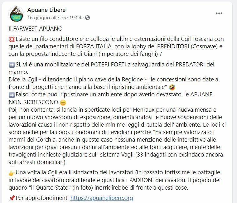 Post sui social dell’associazione Apuane Libere